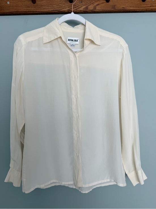 Royal Silk Tops - Royal Silk 100% Silk Vintage Cream Pale Yellow Semi Sheer Button Down Shirt